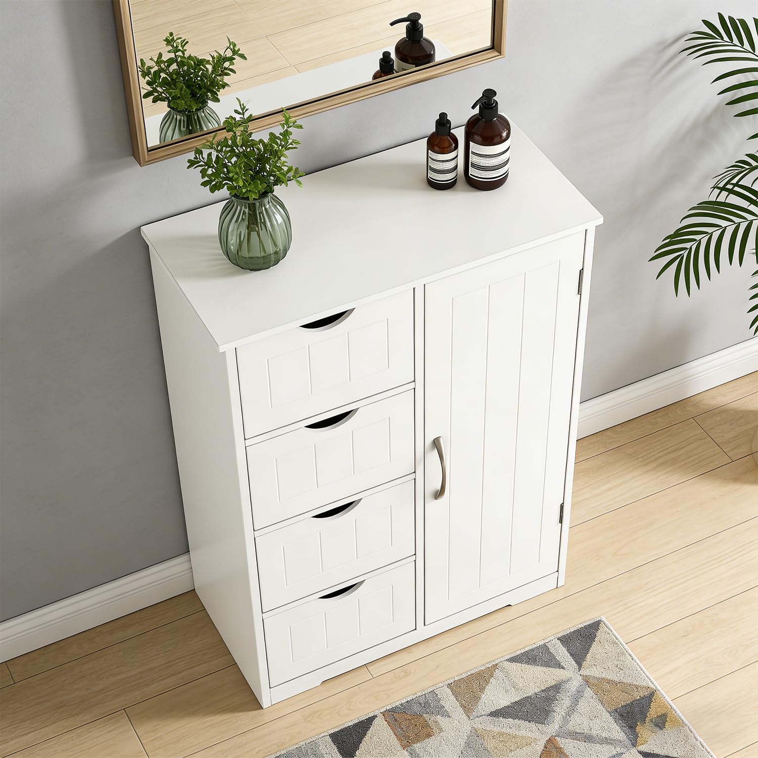 DUMOS Badezimmerschrank, MDF Kommode mit Schubladen, Badschrank Schmal Klein, Beistellschrank mit 4 Schubladen, 60 x 28.5 x 81 cm, für Badezimmer, Wohnzimmer, Schlafzimmer, Esszimmer, Küche, Weiß