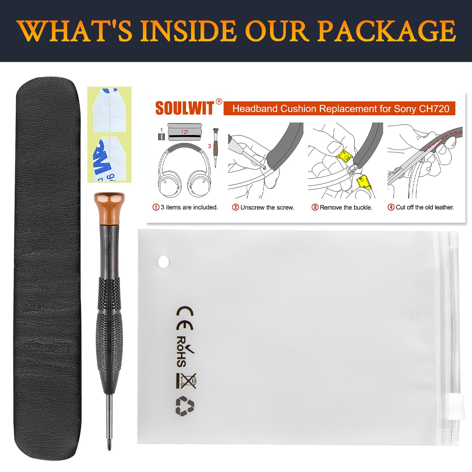 SOULWIT Protein Leather Headband Cover for Sony WH-CH720N/WH-CH720 Headphones, Replacement Headstrap Pad Repair Part, Easy DIY Installation - Black