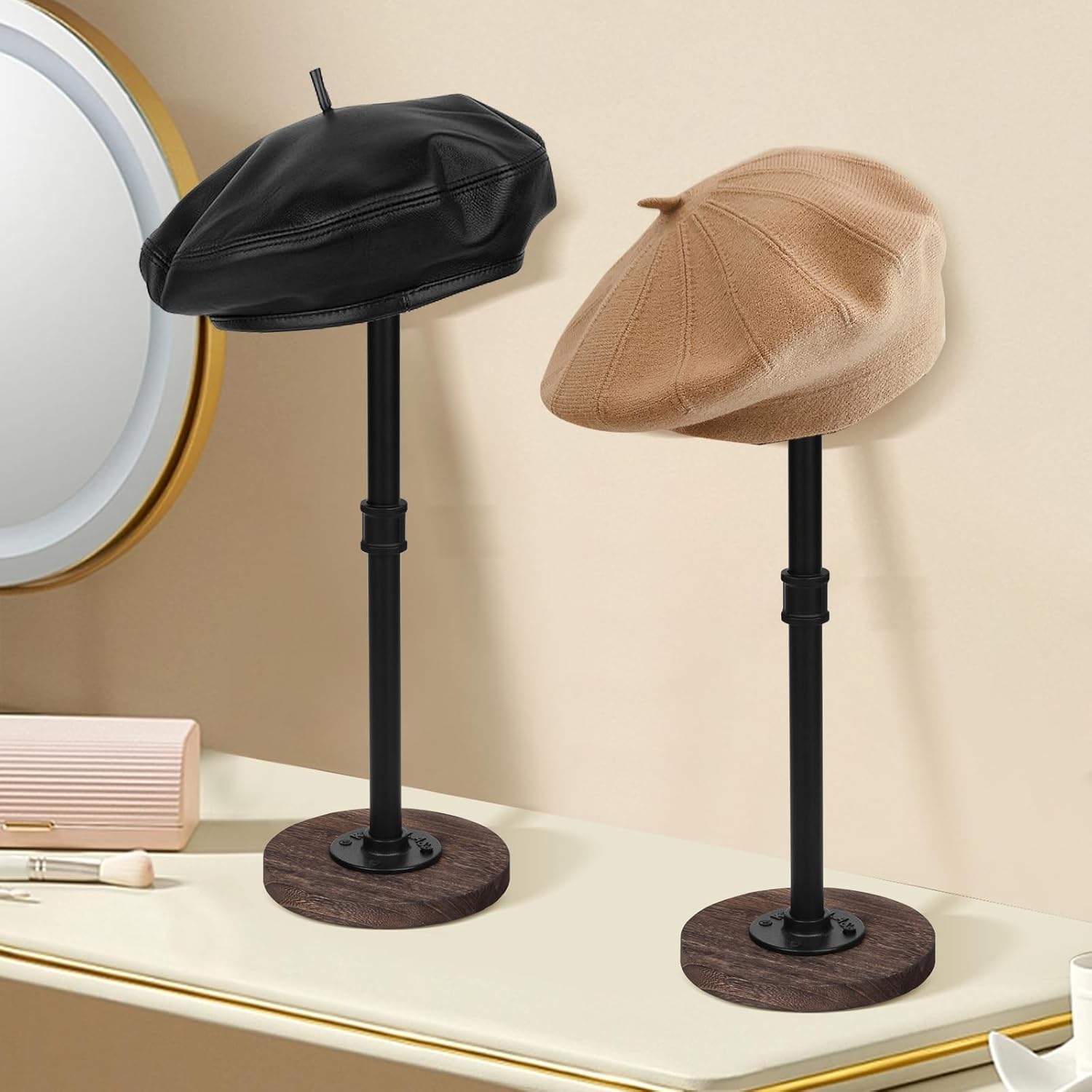 4Pcs Tabletop Hat Stand Cap with Height Adjustment, Industrial Metal Pipe Rustic Burnt Wood Hat Rack, Wig Rack for Chapeau, Cowboy Hat, Helmet