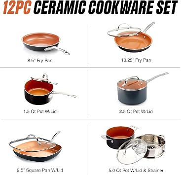 Gotham Steel 12 Pc Ceramic Cookware Set Nonstick, Ceramic Pots and Pans Set Non Stick with Steamer for Cooking, Non Toxic PFOA PFOS Free, Ergonomic Stay Cool Handles, Oven & Dishwasher Safe, Copper | Non Toxic PFOA/PFOS/PTFE Free Ceramic & Titanium Coating, Stay Cool Stainless Steel Handles, Dishwasher & Oven Safe, Copper