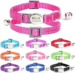 Coleira refletiva de gato gravada personalizada com nome e número de telefone, fivela ajustável personalizada e coleiras de identificação de sino para gatinhos e gatos
