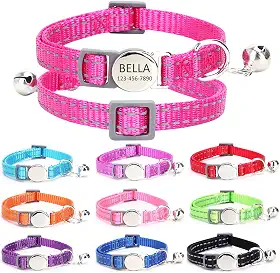 Coleira refletiva de gato gravada personalizada com nome e número de telefone, fivela ajustável personalizada e coleiras de identificação de sino para gatinhos e gatos