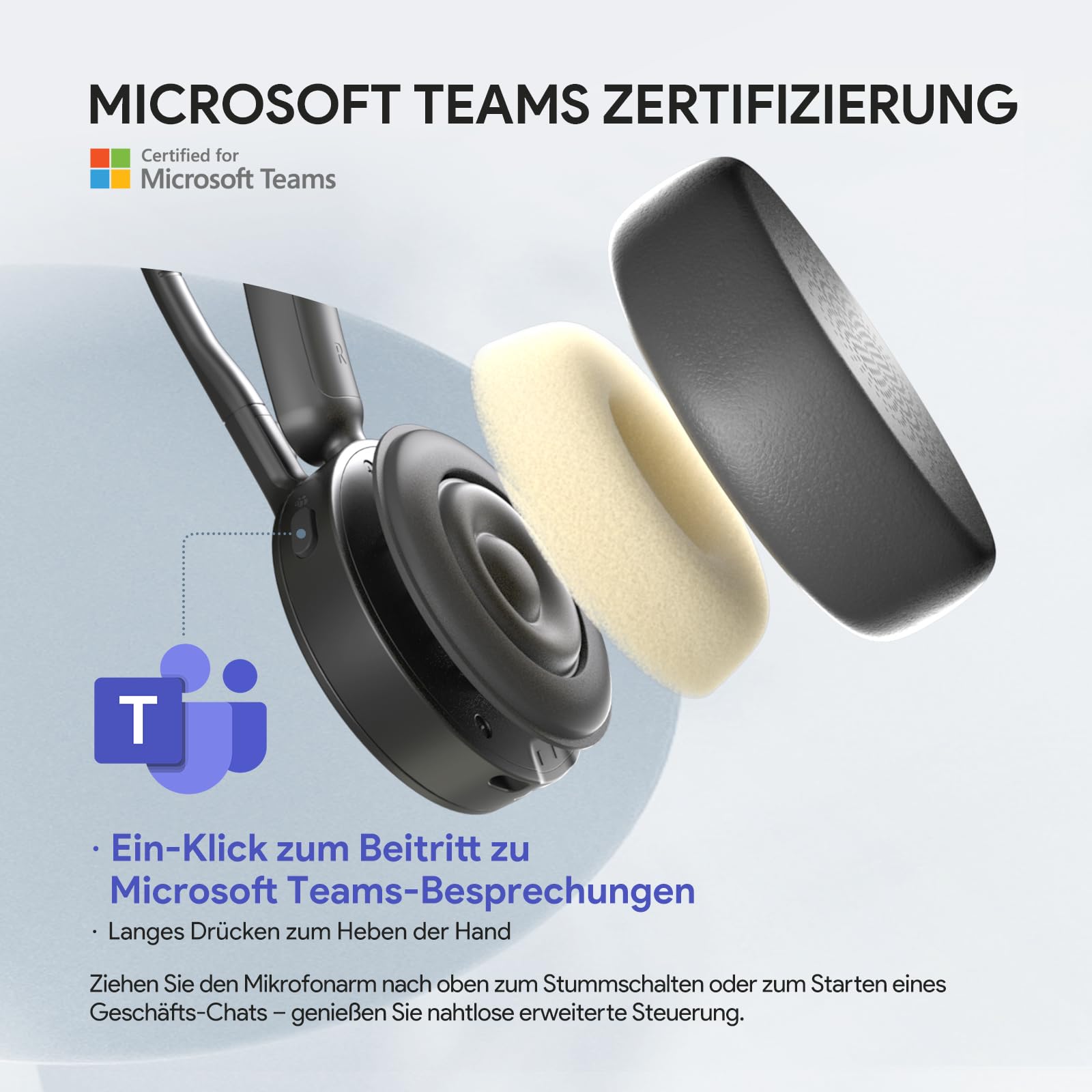 Yealink BH70 Bluetooth Headset mit Mikrofon für Homeoffice, Microsoft Teams Zertifiziertes Bluetooth Kopfhörer Kabellos bis zu 35h Sprechzeit, 3 KI Mikrofon Geräuschunterdrückung, 50m Funkreichweite