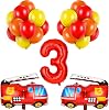 33 Pieces Fire Truck Party Decorations Set Include Number Foil Balloon, 2 Pieces Fire Engine Birthday Balloons and 30 Pieces Red Orange Yellow Latex Balloons for Rescue Theme Party Number 3 Balloon
