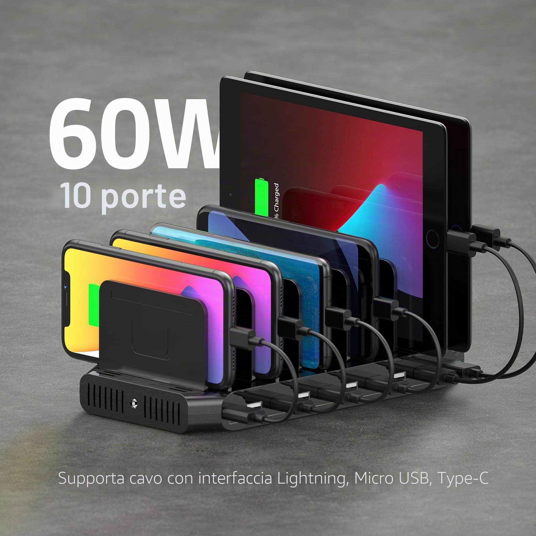 Unitek 60 W stazione di ricarica 10 porte, stazione di ricarica USB multi-dispositivo con separatori regolabili e SmartIC, compatibile con telefono, tablet e altro ancora