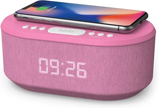 i box Dawn FM Radio, Bluetooth Wireless Speaker, Fast Charging, Clock Radio, LED Display, USB Charger, Dimmable Night Light, Alarm Clock Feature, Wireless Charger, Digital Clock, Dual Alarm (Pink)