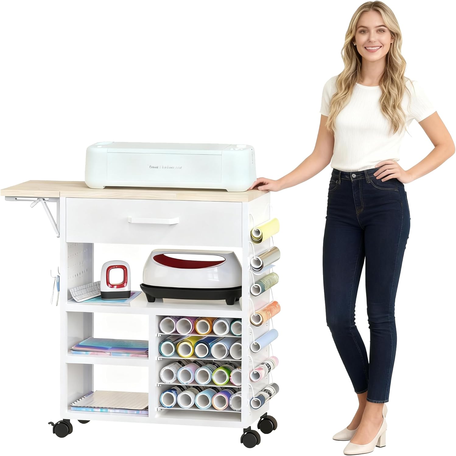 Foldable Rolling Craft Cart with Storage Drawers & Wheels - Heavy Duty Mobile Craft Organizer for Cricut Machines Cart, Scrapbooking Supplies, Art Studio | Adjustable Shelves