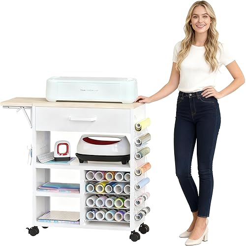 Foldable Rolling Craft Cart with Storage Drawers & Wheels - Heavy Duty Mobile Craft Organizer for Cricut Machines Cart, Scrapbooking Supplies, Art Studio | Adjustable Shelves