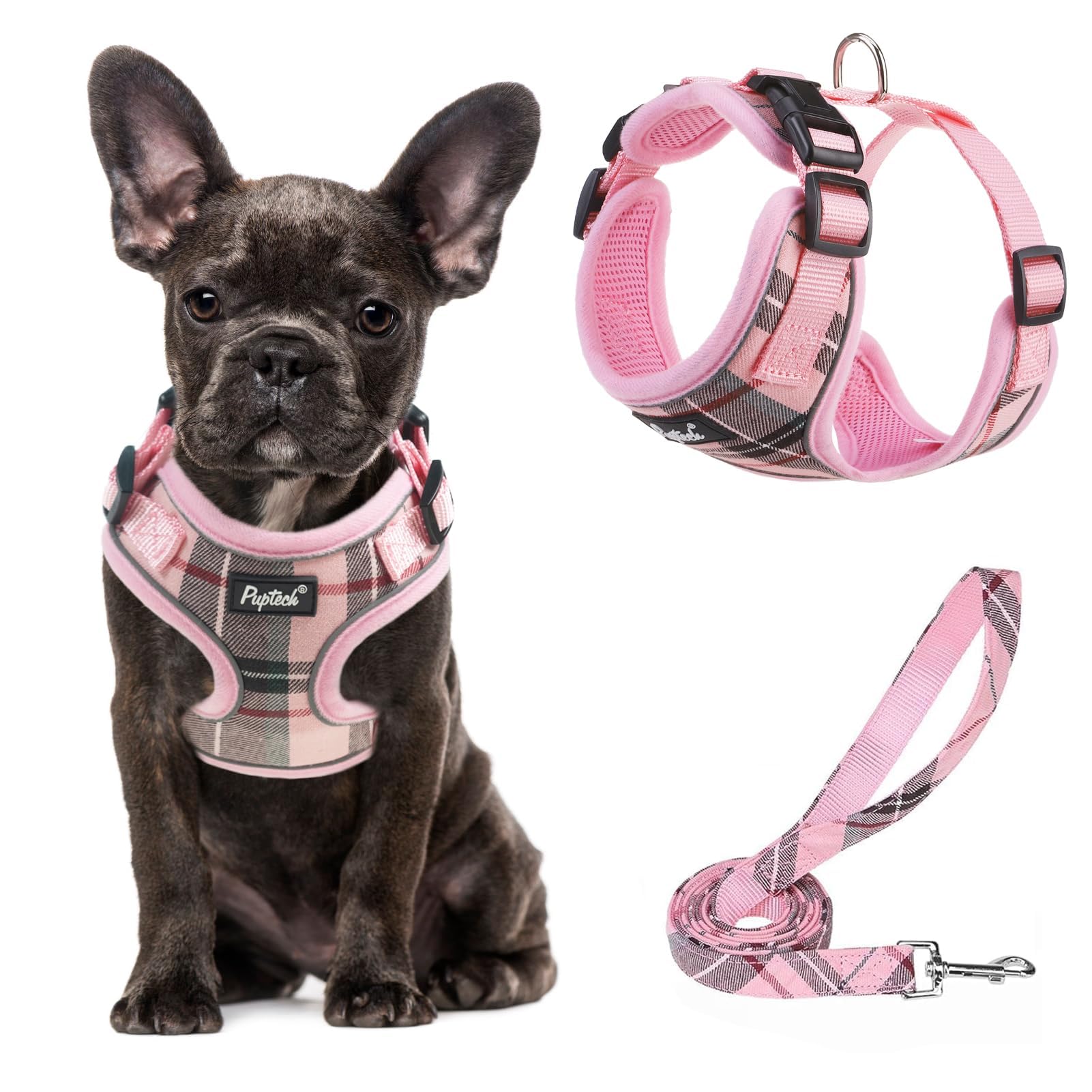 PUPTECK Soft Mesh Dog Harness and Leash Set Pet Puppy Cat Adjustable Reflective Padded Vest No Pull Harnesses, Pink, S