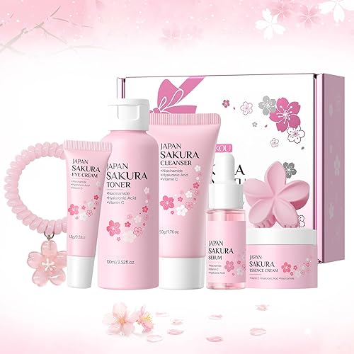 Sakura Ensemble de Soins de la Peau 7 Pièces,Coffret Cadeau de Soins de la Peau pour Femmes,Convient à Tous Types de Peau - Rose-7