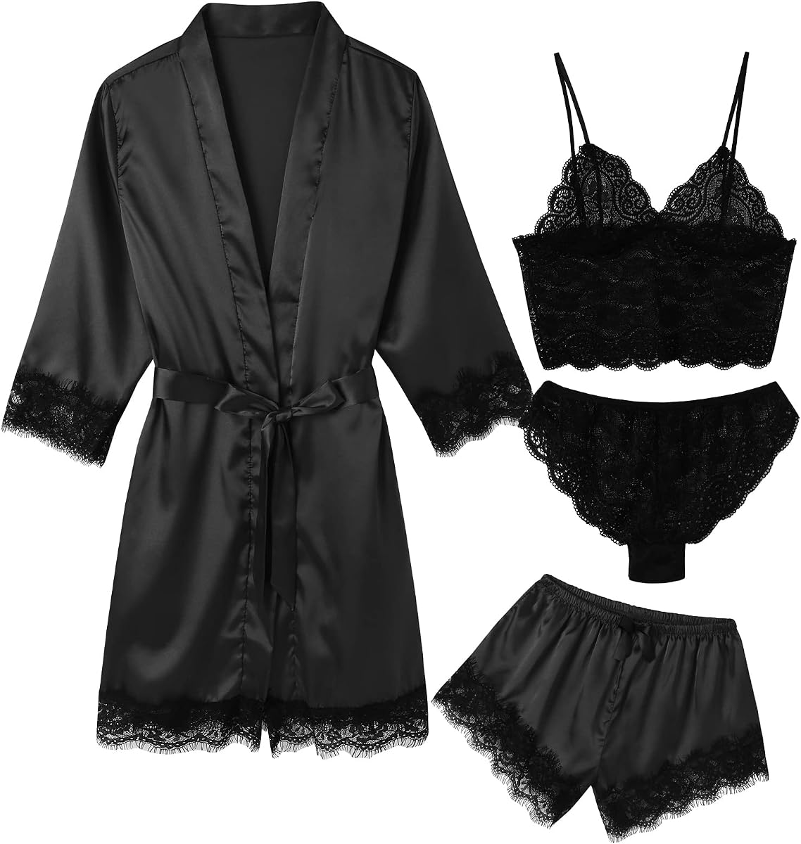 Conjunto de bata de lencería sexy de satén para mujer Pijama de encaje de seda de 4 piezas | Cami Shorts Ropa de Dormir, Bata de Encaje, Conjunto de Dormir, Ropa de salón Suave para el día de la Boda Nupcial, Fiesta de Pijamas, Ideal para Dormir Descansando