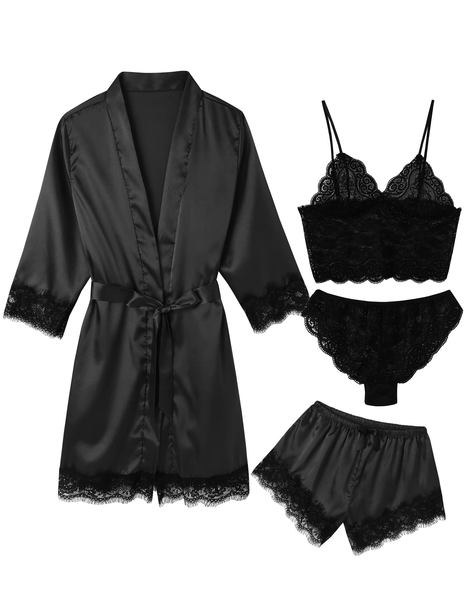 Women's Pajama Satin Sexy Lingerie Robe Set 4 Piece Silk Lace Pjs