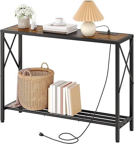 Tajsoon Console Table with Charging Station, 41.8" Entryway Table with Shelves, 2-Tier Narrow Sofa Table, Long Behind Couch Table, for Entryway,