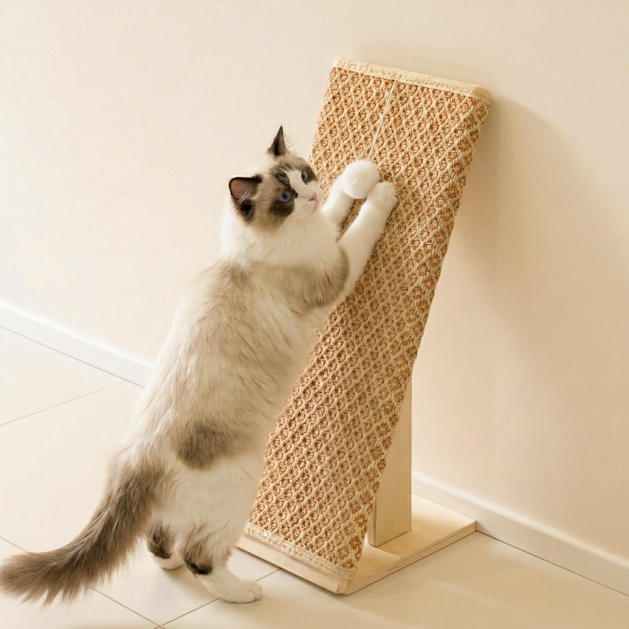 PETKARAY Kratzbrett Katze, 65 cm Kratzsäule aus natürlichem Sisal mit Rampe, stabiles L-förmiges Katzen-Kratzmöbel zum Schutz von Möbeln, Kratzbrett für Wohnungskatzen