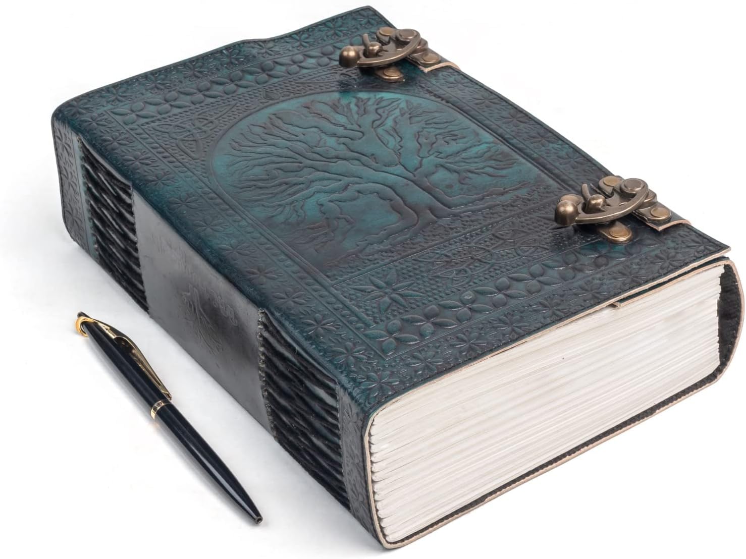 Handgefertigtes großes Leder-Tagebuch, 600 Seiten, geprägt, Baum des Lebens, Buch der Schatten, Notizbuch, 7 Chakra, Grimoire, Skizzenbuch, 17,8 x 25,4 cm, Lederbindung (grün)