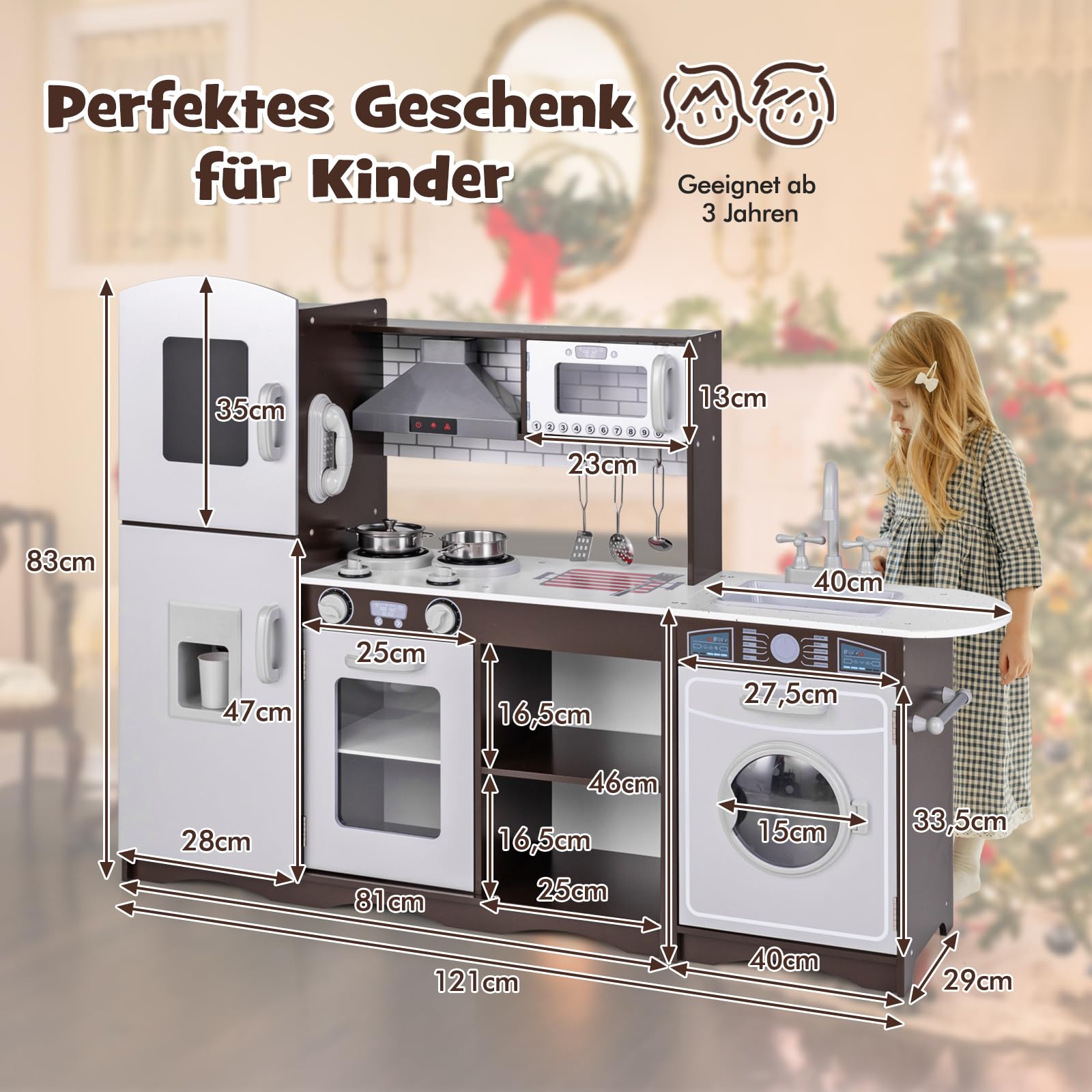 COSTWAY Kinderküche Holz, Eck Spielküche mit Licht & Sound, inkl. 7 Zubehör, Spielzeugküche mit Herd, Spüle, Eismaschine, Mikrowelle, Waschmaschine, Dunstabzugshaube, Telefon, für Kinder ab 3 Jahren