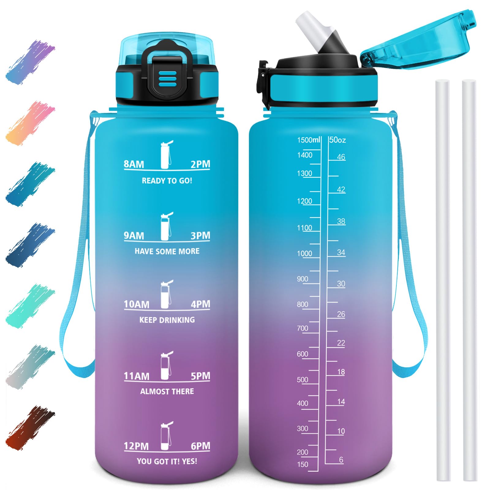 Motswedi Drinking Bottle 1500 ml, Leak-Proof, BPA-Free, Motivational with Time Marking, Drinking Bottle with Straw, Blue & Purple