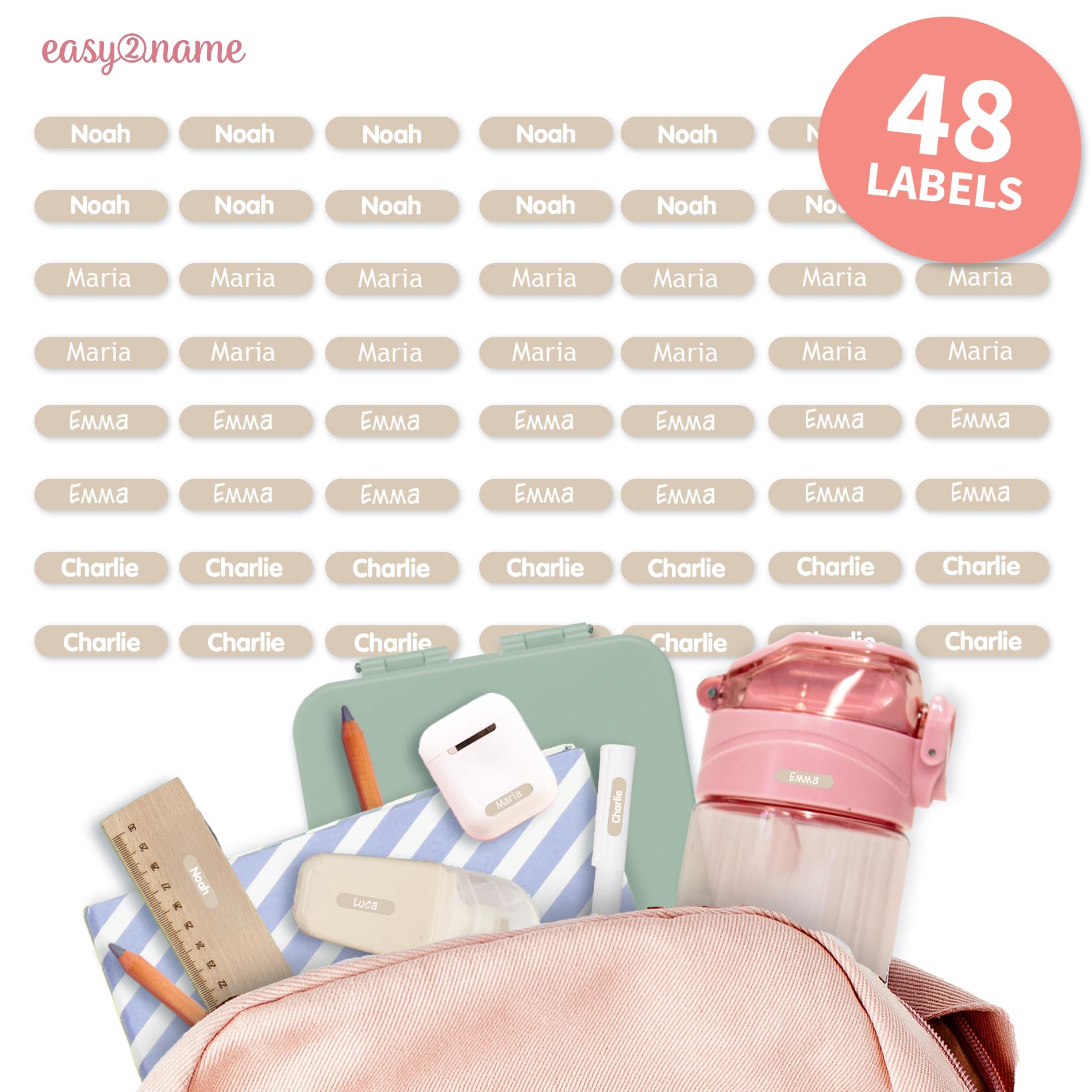 Easy2Name - Personalised mini XS Name Labels - Waterproof Name Stickers for Children and Adults - Ideal as Name Stickers in The Office, Workshop or School - 20x4mm - Coloured (Sand, 48)