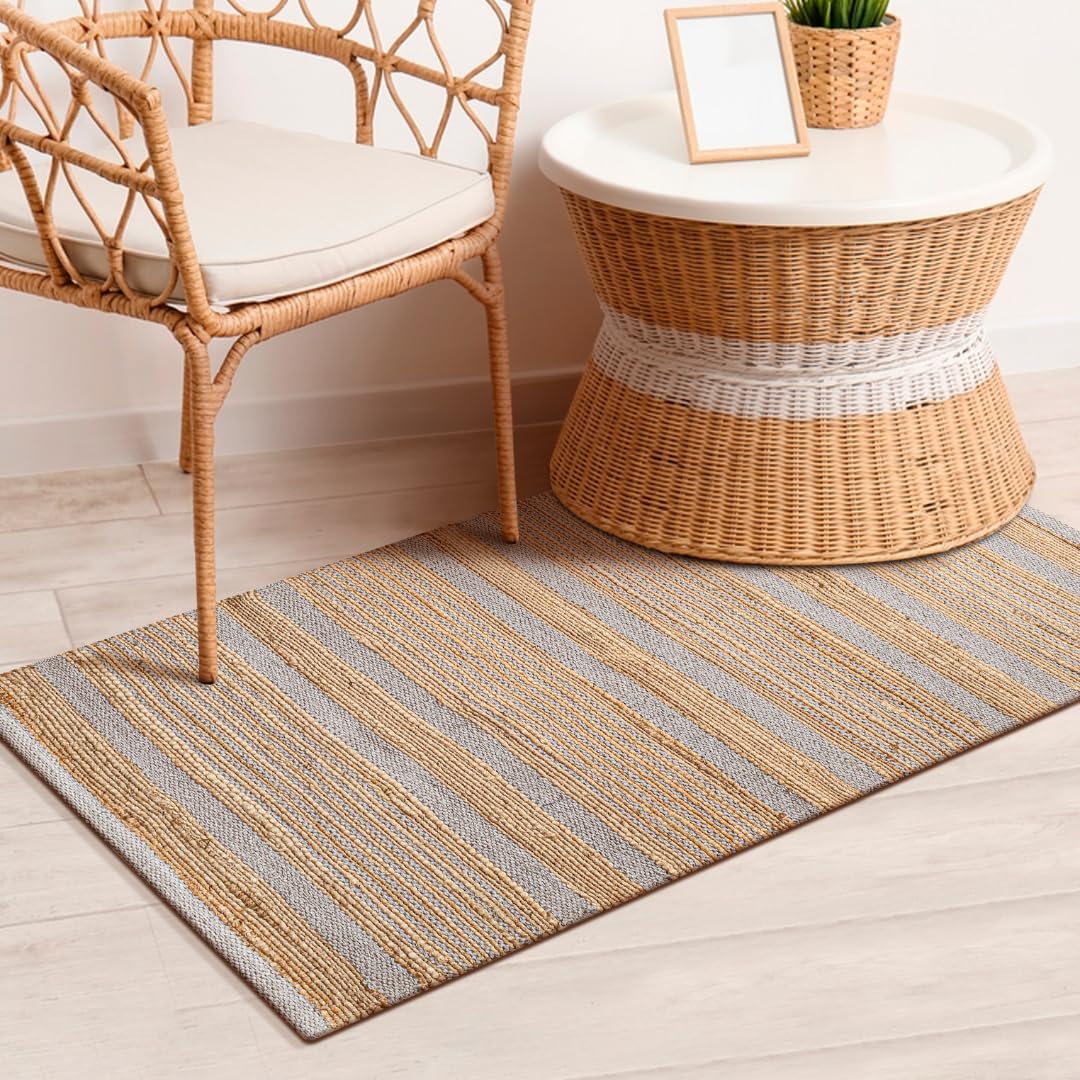 area rug 2x3 ft - hand-woven jute cotton area rug boho farmhouse rustic - non slip floor rug for bedroom living room kitchen dorm entryway hallway - area rug natural/grey