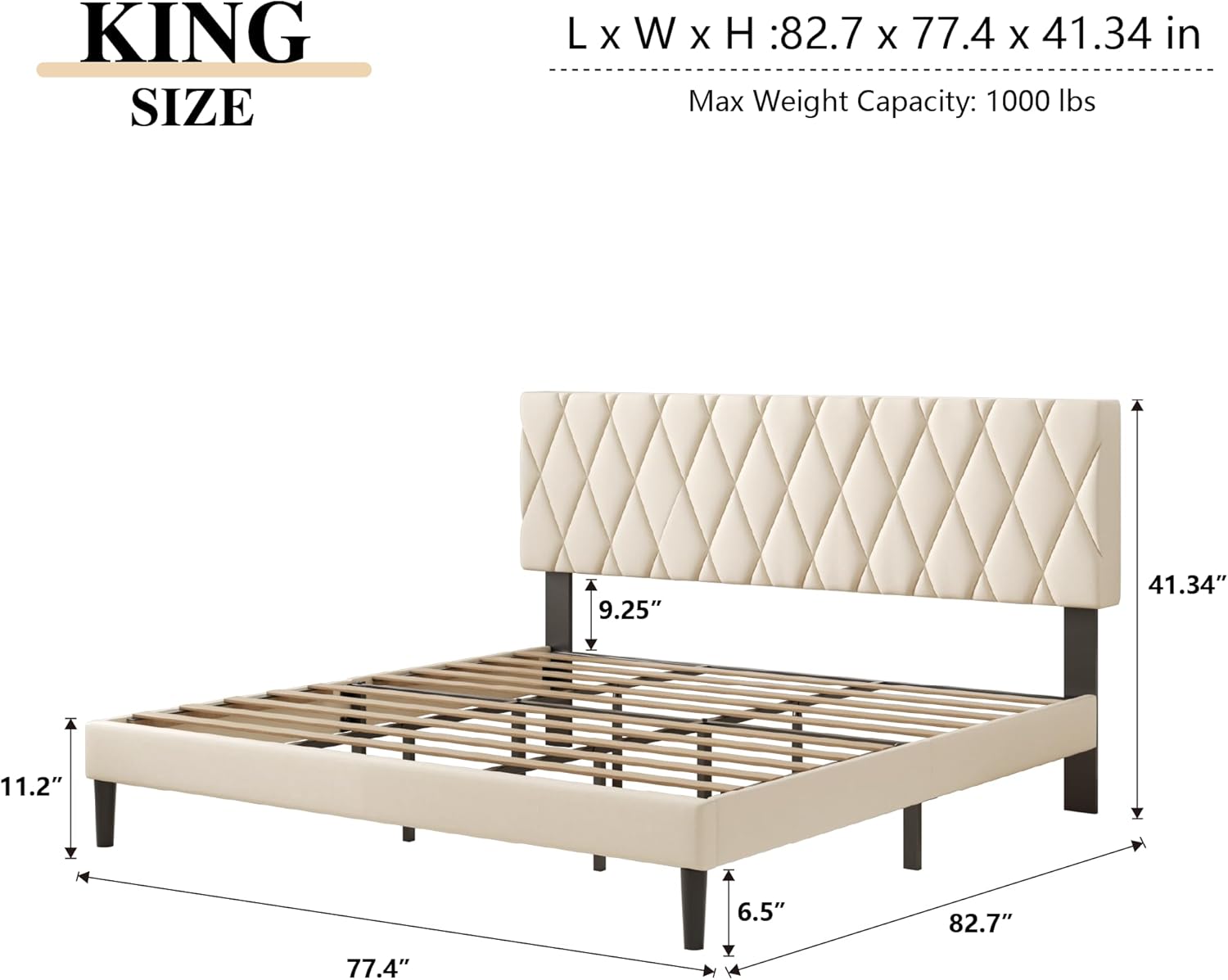 CXVX King Size Bed Frame with Diamond Tufted Headboard, Velvet Upholstered Platform Bed and Wooden Slat Support, Noise-Free, No Box Spring Needed, Easy Assembly, Beige