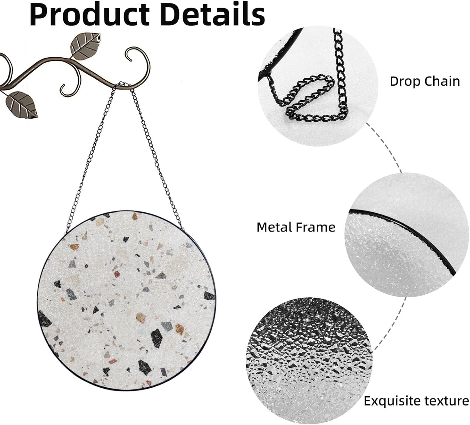 Stained Glass Window Hanging 6in（15cm）, White terrazzo Glass Suncatcher for Home Decor, Indoor Wall Art Glass Panel with Metal Chain and Hooks, Sun Catcher Ornament Birthday Gifts