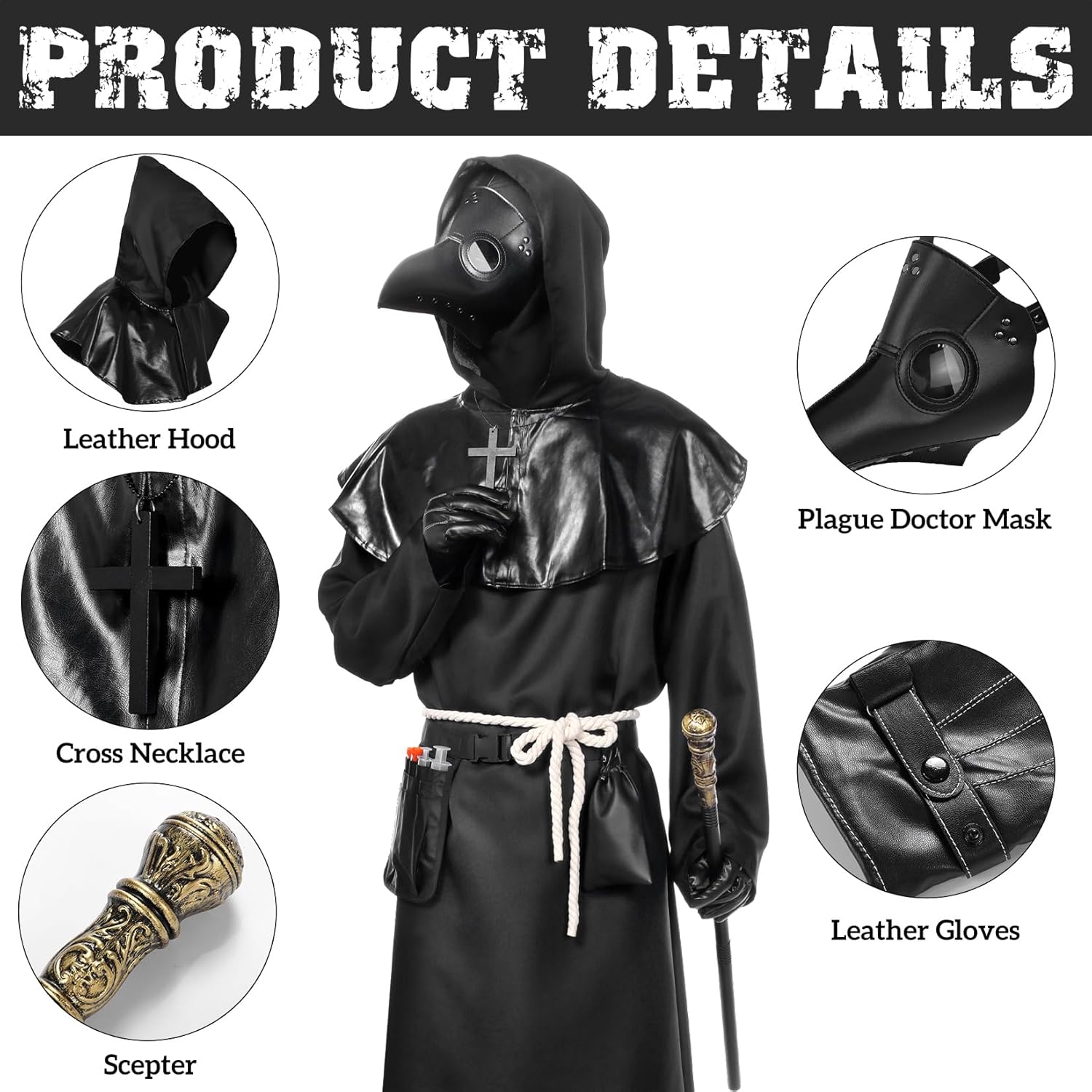 Plague Doctor Costume,Scary Black Doctor Robe with Mask Gloves Hat,Halloween Costumes for Aldult