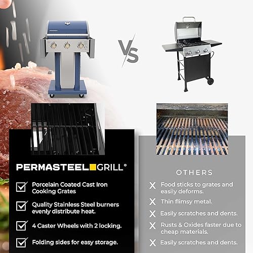 Miniatura 10 de Permasteel Parrilla de gas de 3 quemadores  Rejillas de cocina de hierro fundido, soporte de herramientas para parrilla, lados plegables,