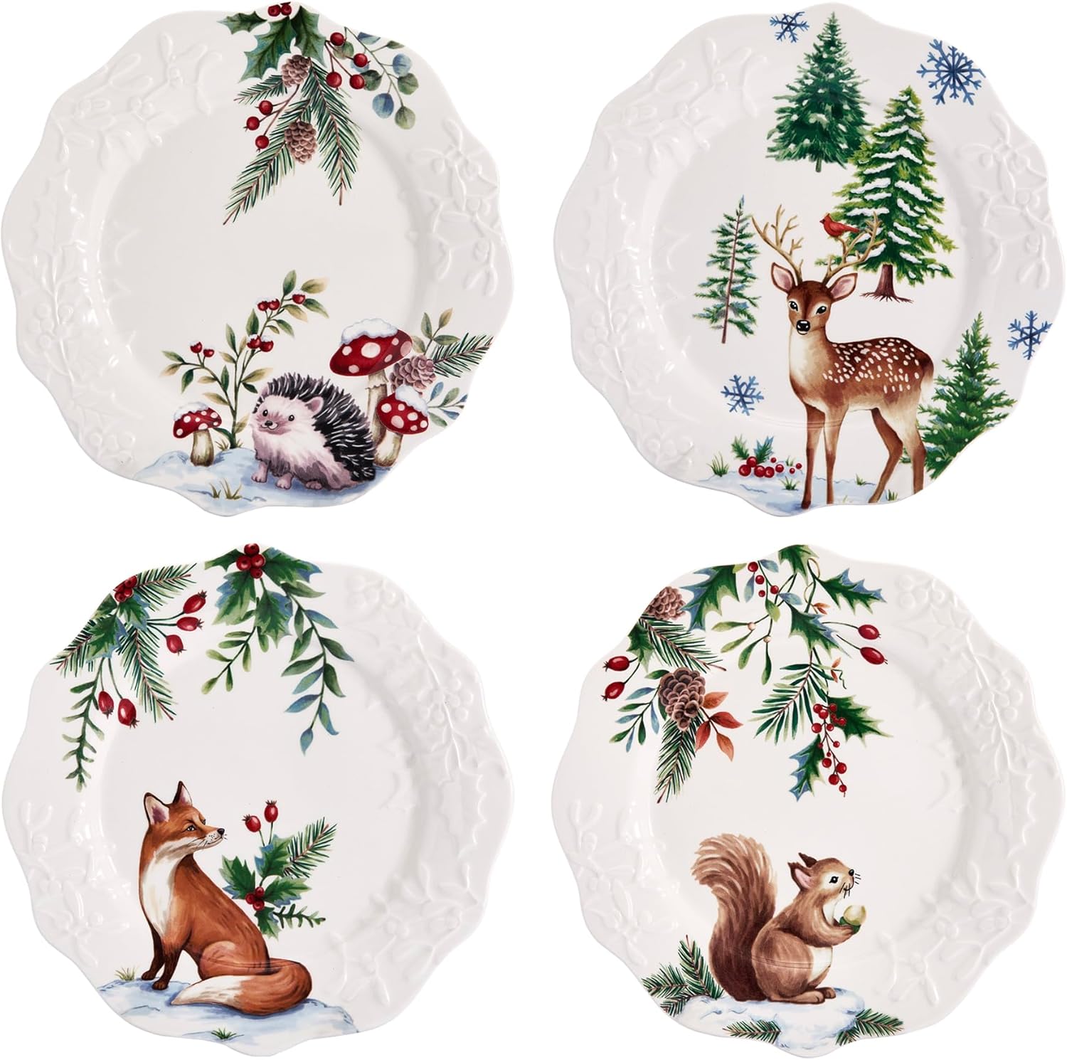 Bico Winter Woodland Critters Scalloped Salad Plates Set of 4, 8.75 Inch Ceramic Dessert Plates for Salad, Appetizer, Side Dishes, Microwave and Dishwasher Safe, Gift for Housewarming and Thanksgiving