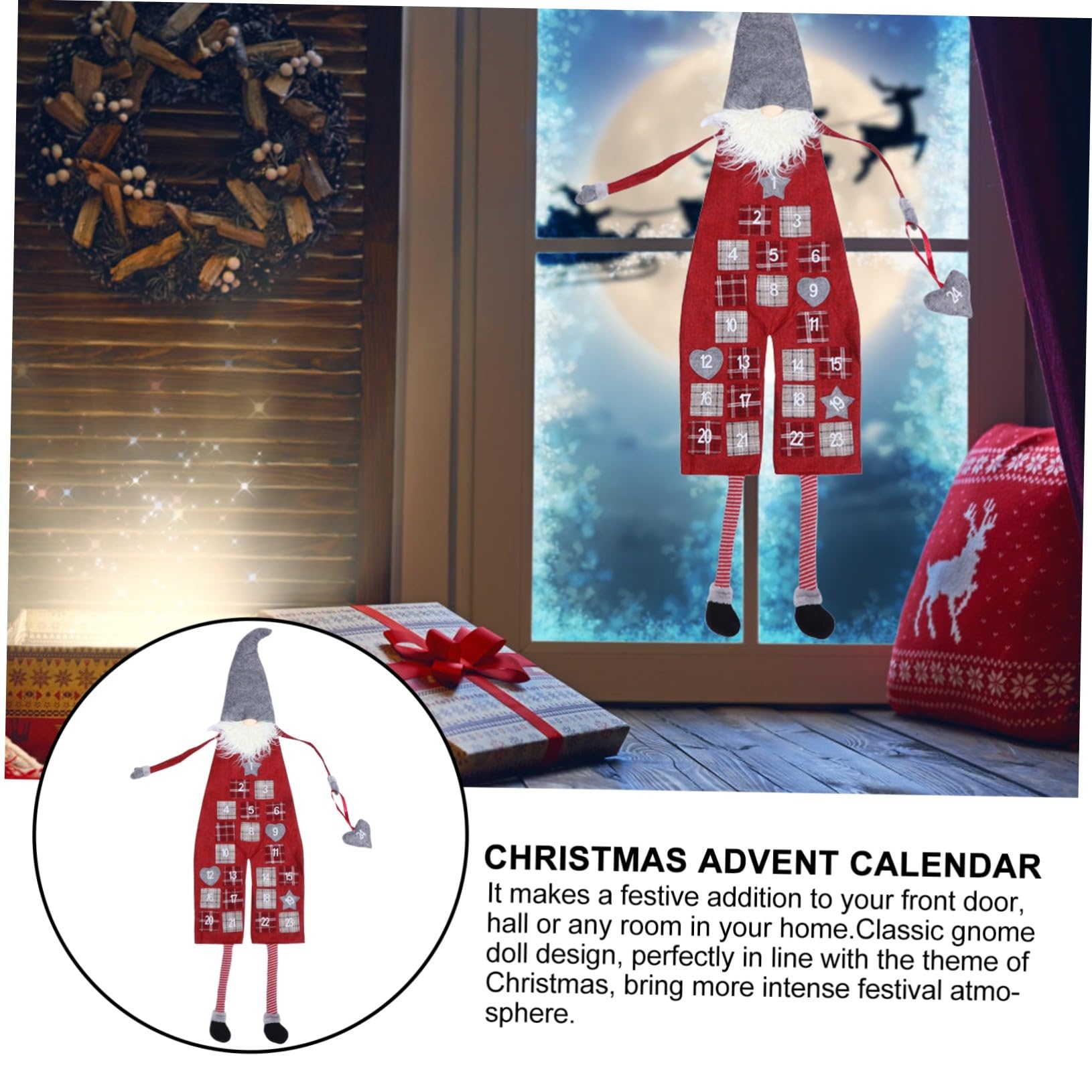 Calendrier de L'avent à Suspendre de Gnome Gris et Rouge, Décoration Festive en Matériau Solide, Décor de Noël pour Maison et Fête, Ornement de Calendrier de Noël
