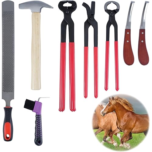 lukar 8PCS Farrier Tools Kit Horse Hoof Trimmers, Includes 16" Horse Hoof Nipper, 13" Horseshoe Cutting Pliers, 14" Hoof Nail Clincher, Hoof Hammer, Hoof Knife, Rasp File, Horseshoe Brush
