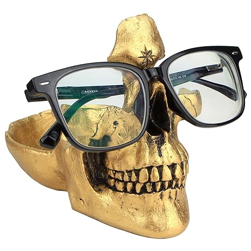 Mrlikale Skull Glasses Stand Holder, Creative Eyeglasses Holder, Sunglasses Spectacle Display Rack, Key Holder Resin Sculptures for Entryway, Home, Office, Desk, Nightstand (Gold) - Gold