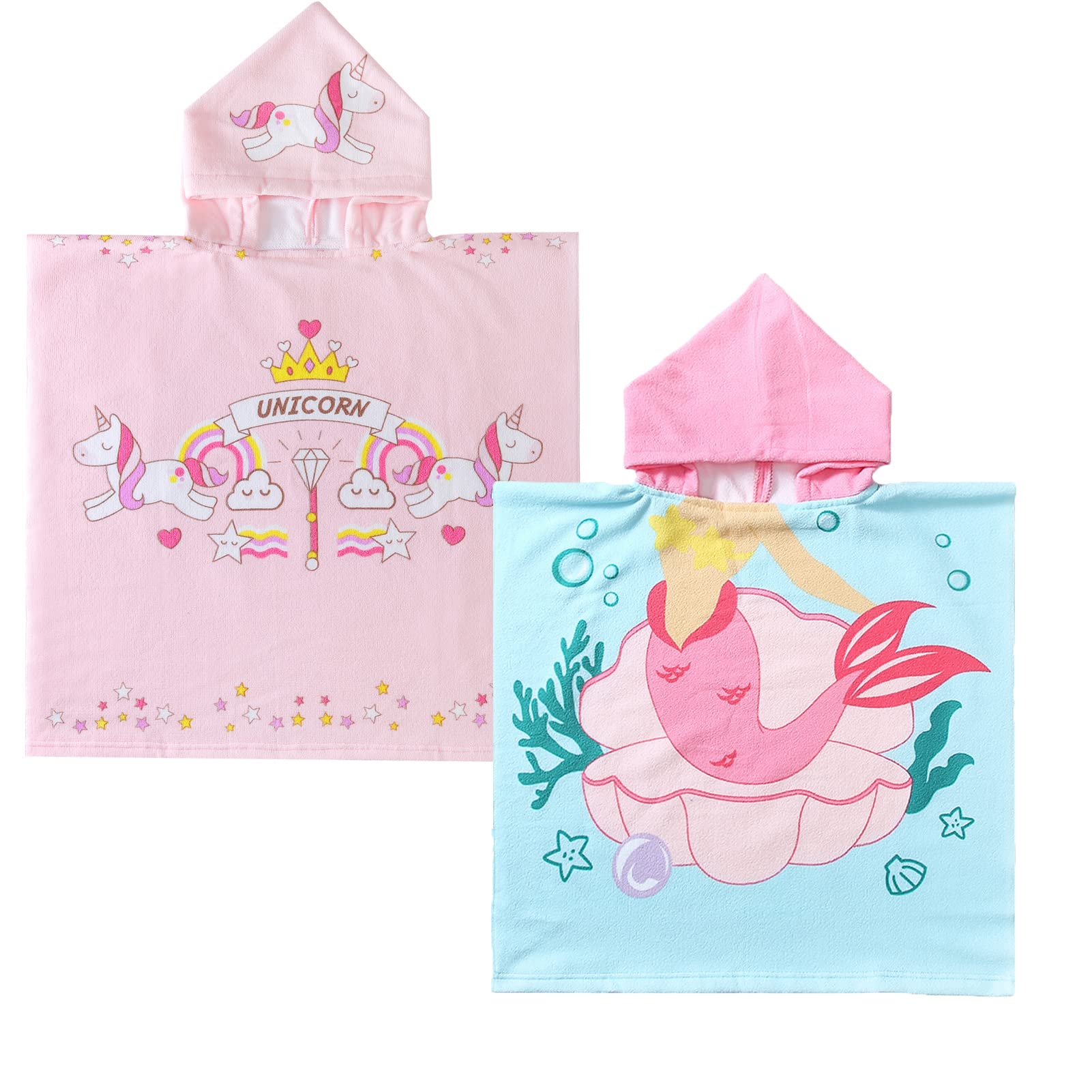 NovForth Toddler Boys Hooded Bath/Pool/Beach Towel Poncho 24.00" x 24.00" Pink Mermaid + Unicorn