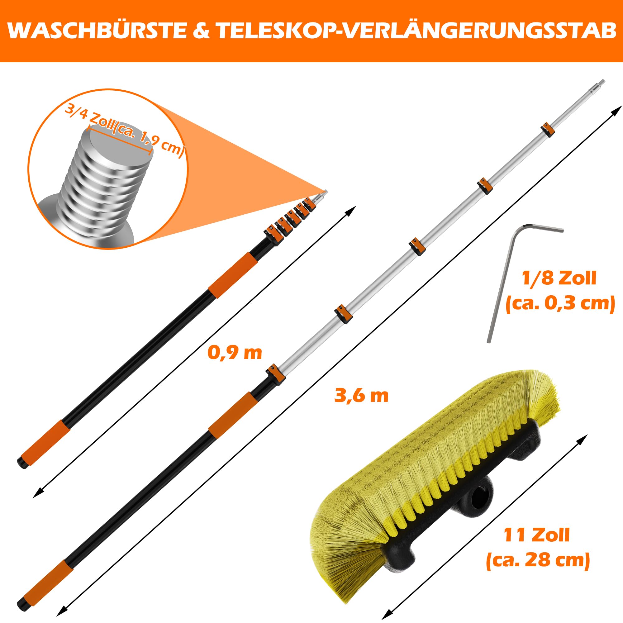 Autowaschbürste mit langem 4,3 m Teleskopstab, 30,6 cm weiche Borsten, für Auto, Wohnmobil, LKW, Boot & Solarpaneele, Orange