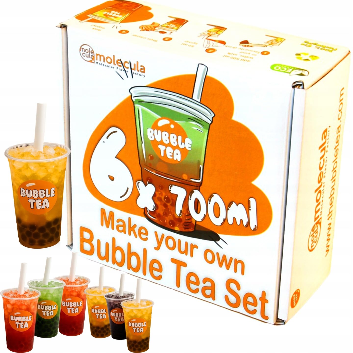 Grab&Go Set für 6x700ml fertigen Bubble Tea | 2x Molecularer Kaviar und 2x Sirup für Bubble Tea | Heidelbeere und Stachelbeere sowie Sirupe mit Zitronen- und Erdbeergeschmack