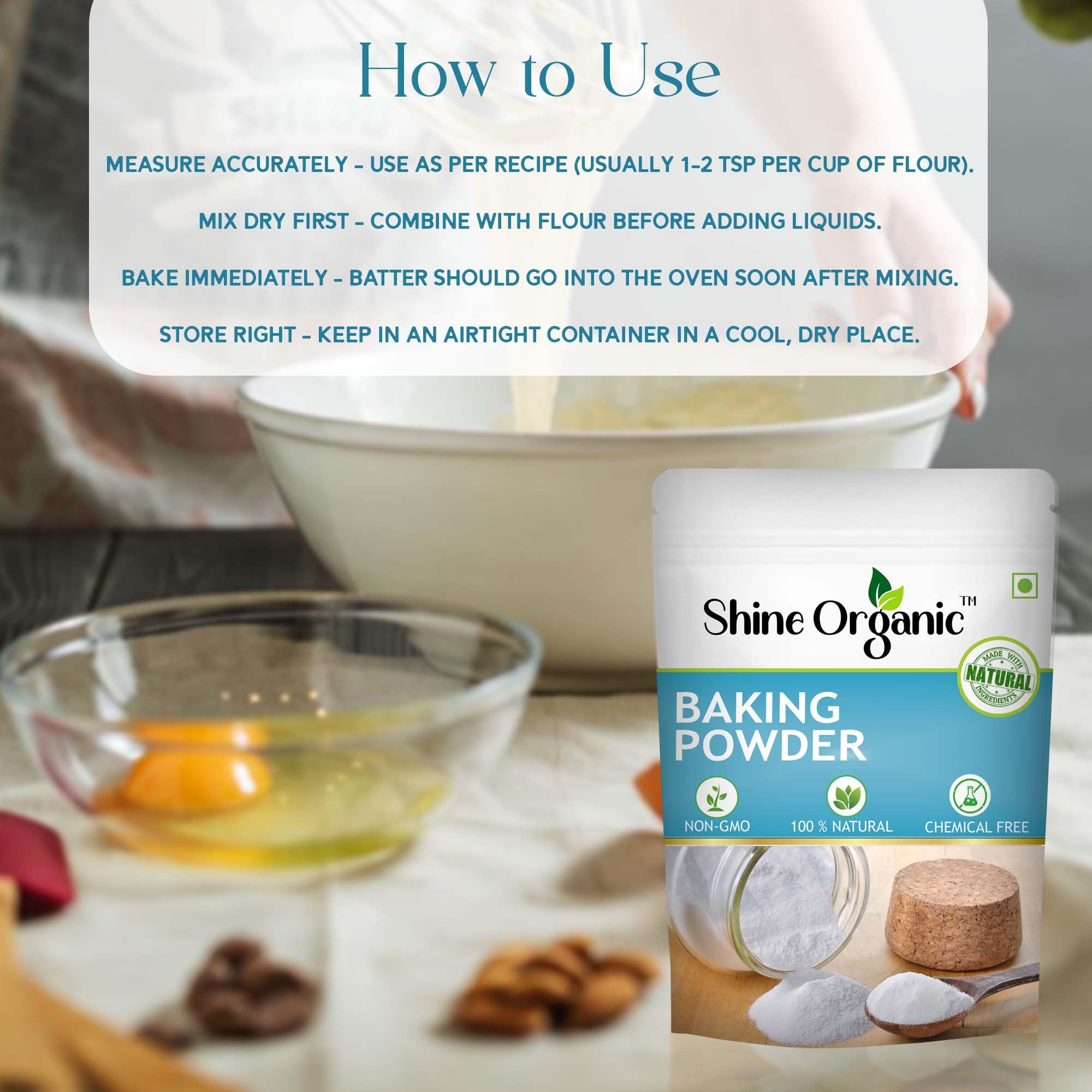Shine Organic Baking Powder,Double Acting,Gluten-Free for Baking Cakes, Pizza, Breads, Muffins. (100gm) 3