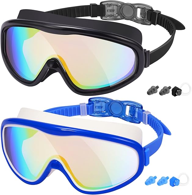 EasYoung Adult Swim Goggles, Pack of 2 No Leaking Swimming Goggles Anti-Fog UV Protection, Wide Vision Swim Glasses with Nose Clips Ear Plugs for Men Women Youth, Over 15