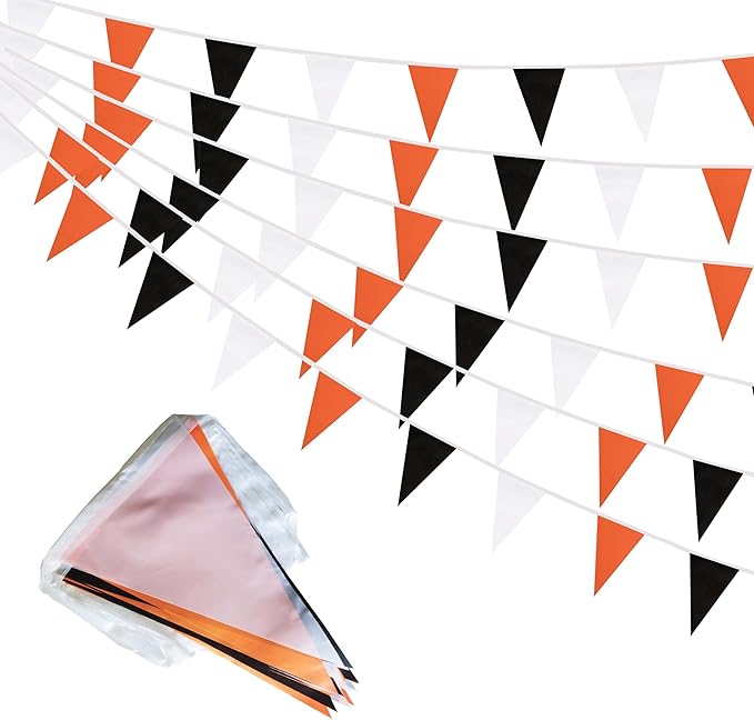 50 Feet Orange Black & White Pennant Banner Flags String
