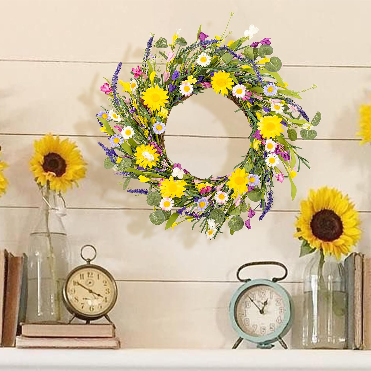 J'FLORU Artificial Spring Wreath Summer Wreaths for Front Door Floral Wreath with Daisy and Lavender for Indoor Outdoor Easter Celebration (18 Inch)