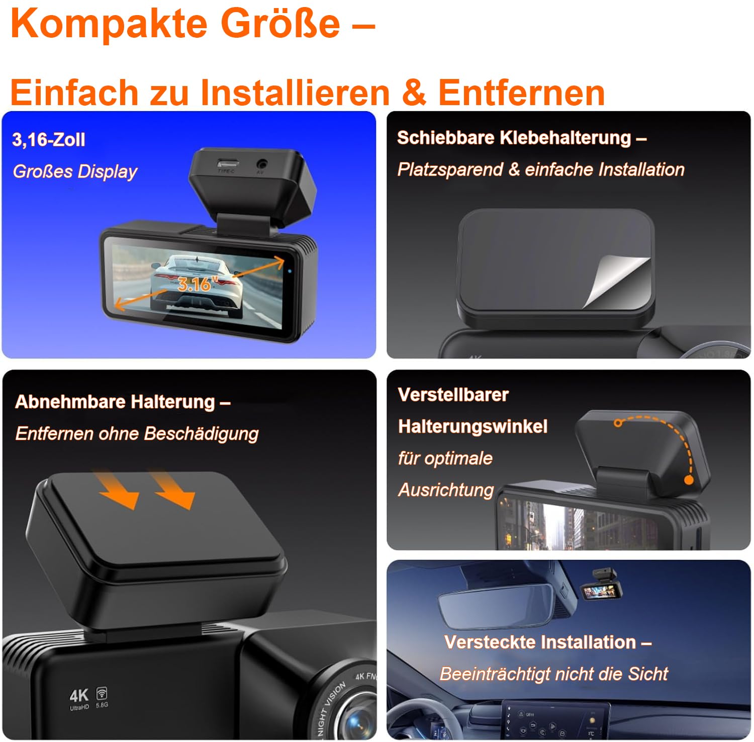 Osmo Dashcam Pro 2.0 2026 Neueste Generation 4K Dashcam mit 1080P Heckkamera, WiFi, 64GB SD Karte, Hardware Kit für 24h Parkmodus, Dual Kamera, 170° Weitwinkel, Nachtsicht, Loop Aufzeichnung