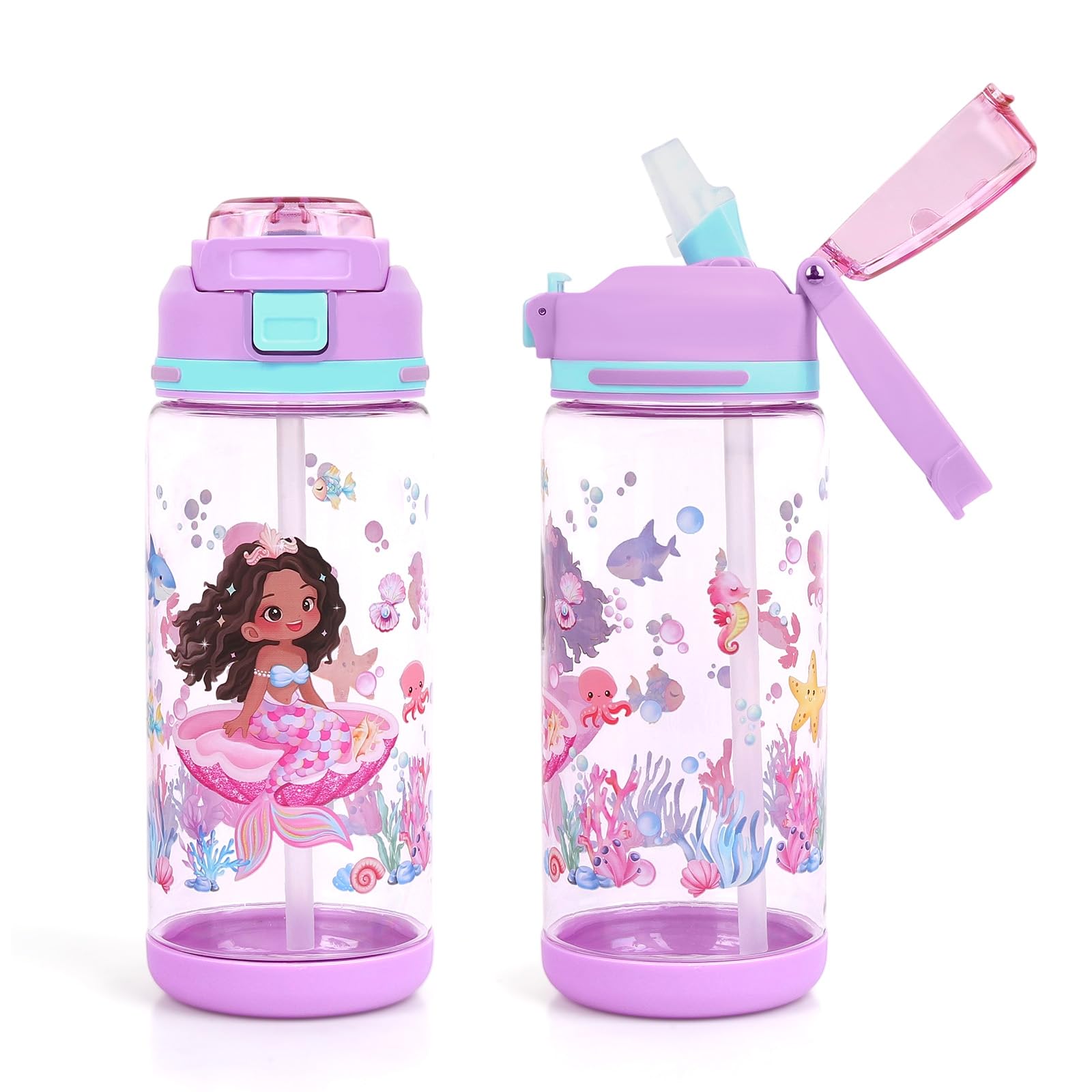 Decalsweet Kids Water Bottle With Straw,600ml Childrens Water Bottle,Leakproof Kids Drinks for School Travel,Lightweight Sport Bottle for Girls,Mermaid