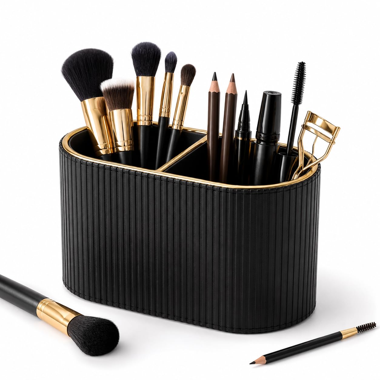 GORESE Organizer per Pennelli da Trucco,Porta Pennelli Make Up Organizzatore di Cosmetici in Pelle Organizer per Trucchi con 2 Scomparti Organizzatore Scrivania per Comò,Bagno,Camera da Letto(Nero)