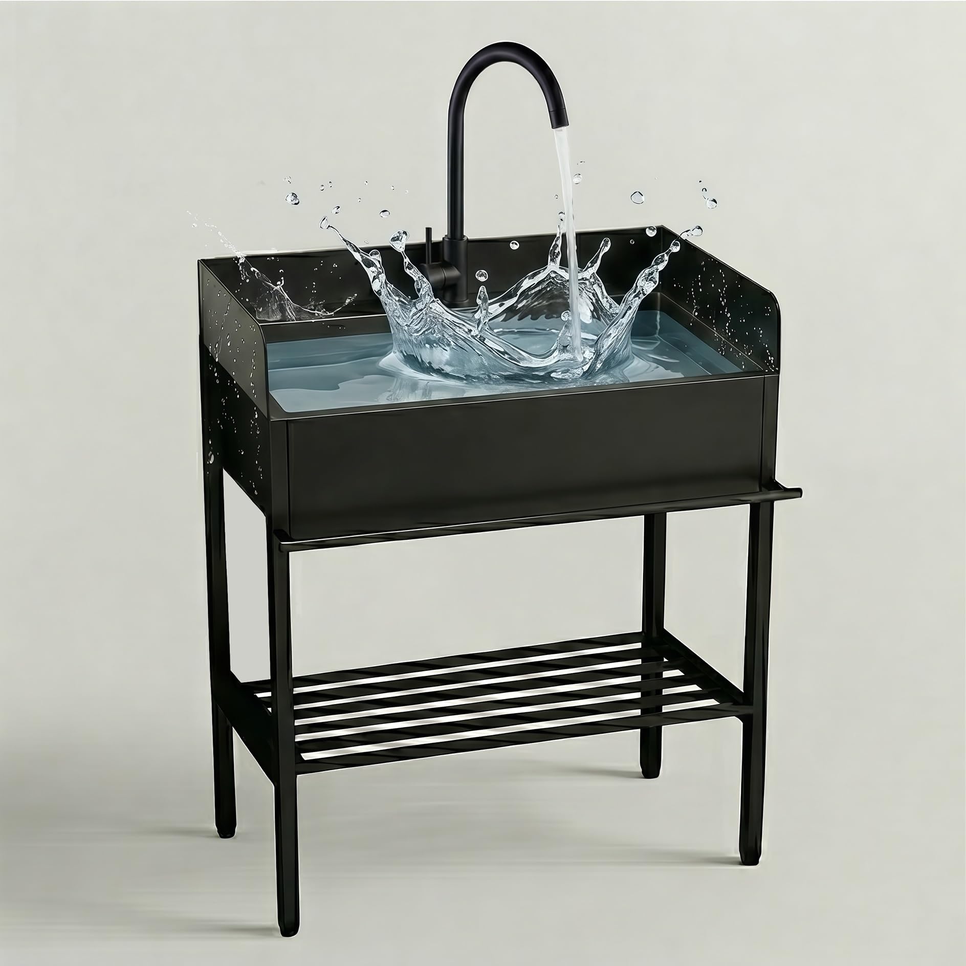 Lavello da Esterno in Acciaio Inox Autoportante con Paraspruzzi su 3 Lati, Mobile Lavandino Monovasca, Lavabo Lavanderia, con Rubinetto Acqua Calda per Giardino, Garage(60 x 45 x 92cm)