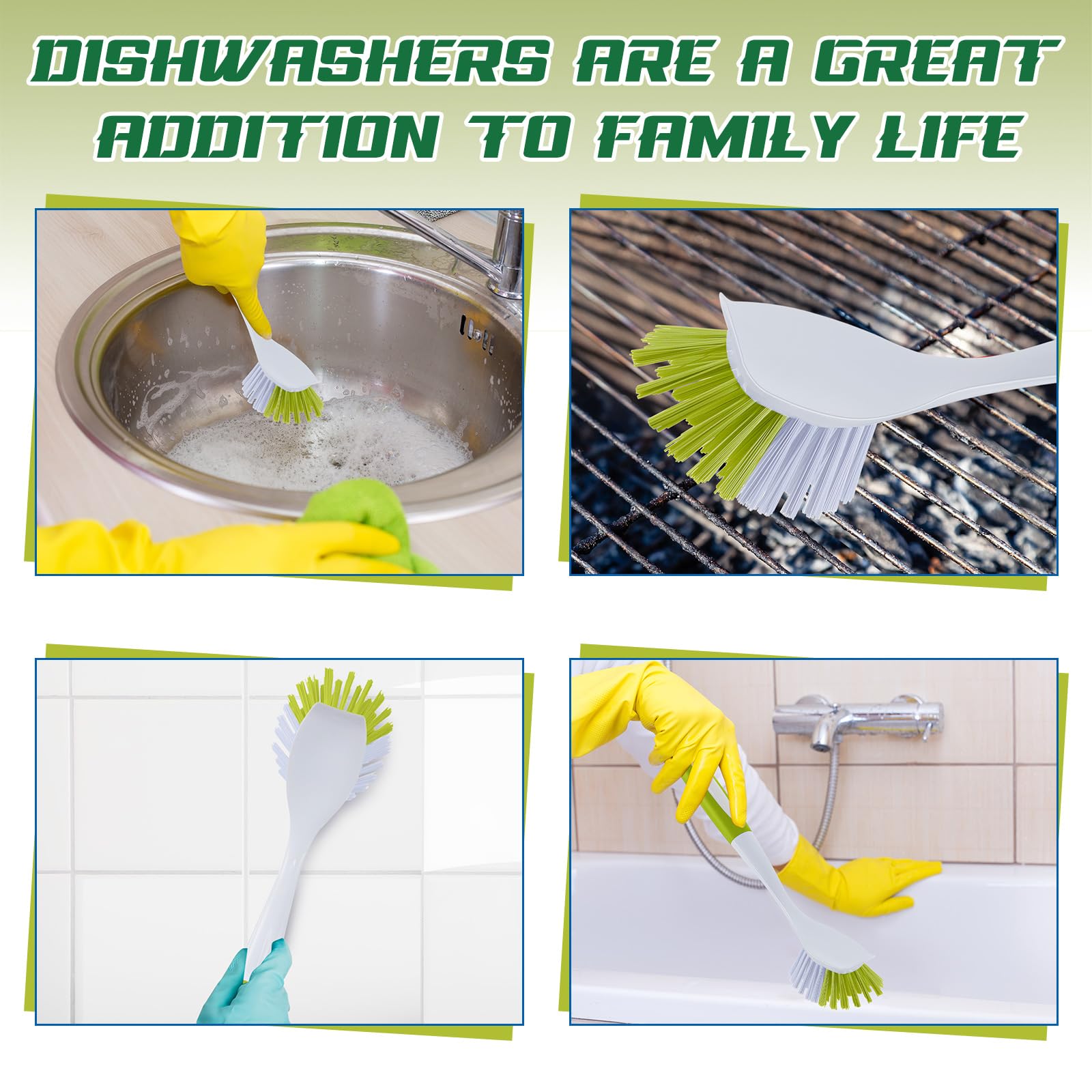 Hsei Lot de 20 brosses à vaisselle avec poignée pour nettoyer la vaisselle, l'évier de cuisine, les casseroles et les poêles avec poils rigides pour ustensiles de cuisine (vert) et jaune