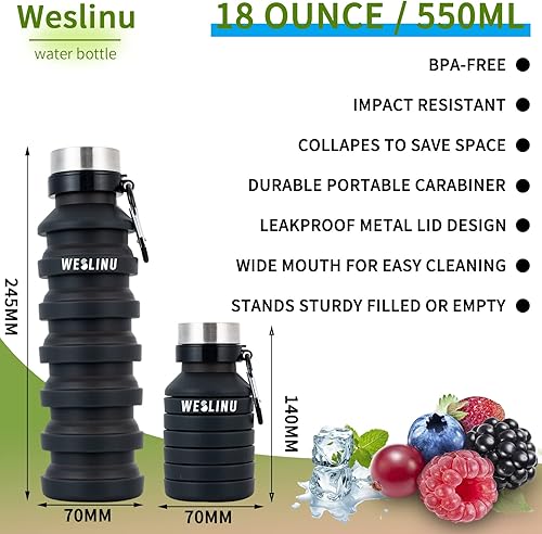 Miniatura 4 de Botella de agua plegable, botellas de agua plegables de silicona reutilizables sin BPA para viajes, gimnasio, camping, senderismo, botella de agua