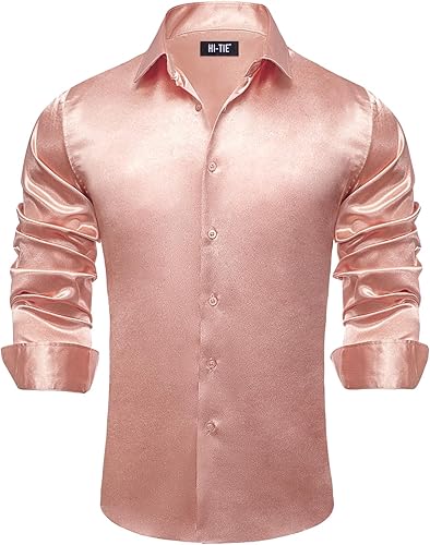 Hi-Tie Camisa de vestir de manga larga para hombre, de satén, con botones, casual, para graduación, boda, ajuste regular, camisa con botones