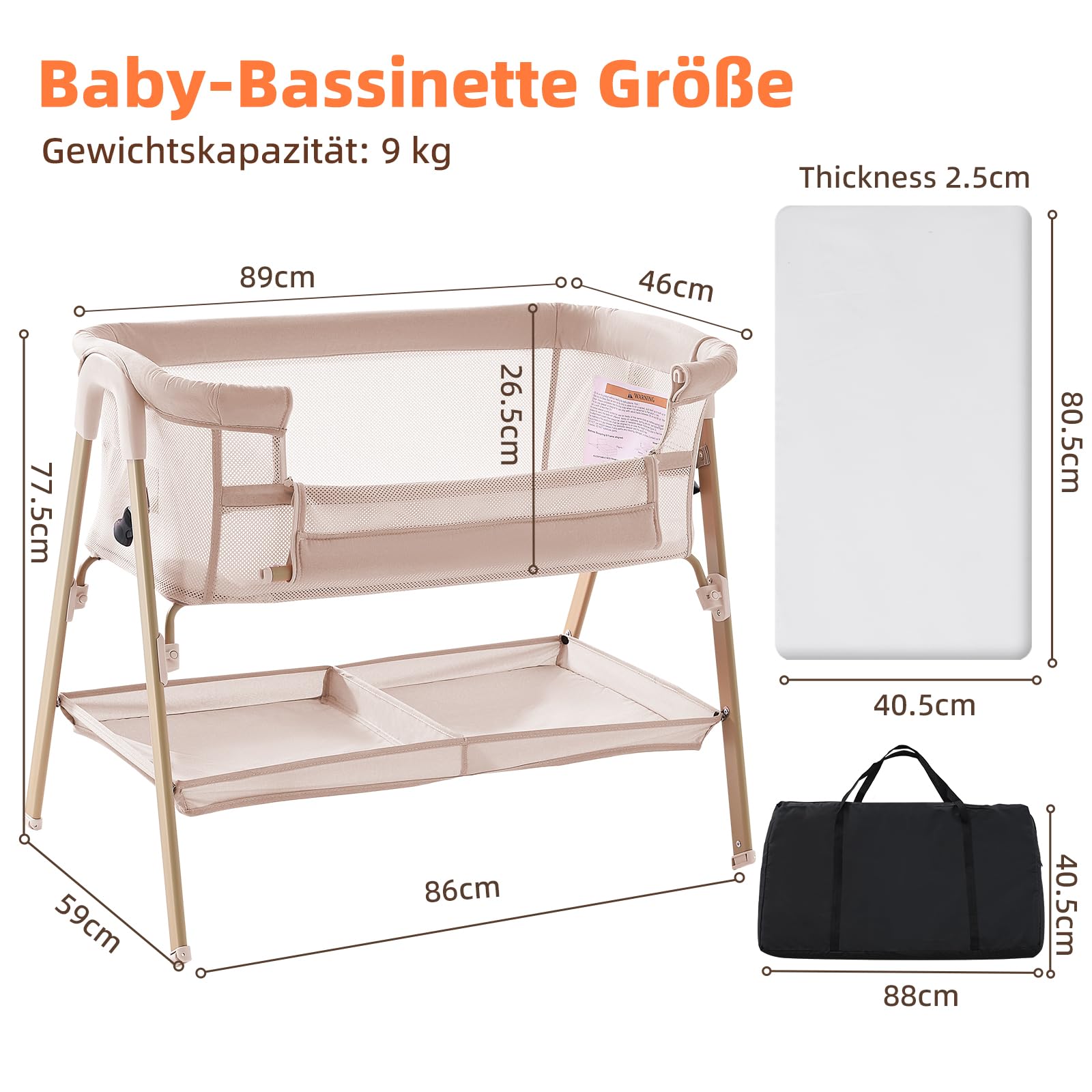 3-in-1-Babybett für Babys von der Geburt bis 9 kg, tragbares Kinderbett, Reisebett, Baby-Kinderbett, Nachttisch, Kinderbett für Neugeborene, Beige