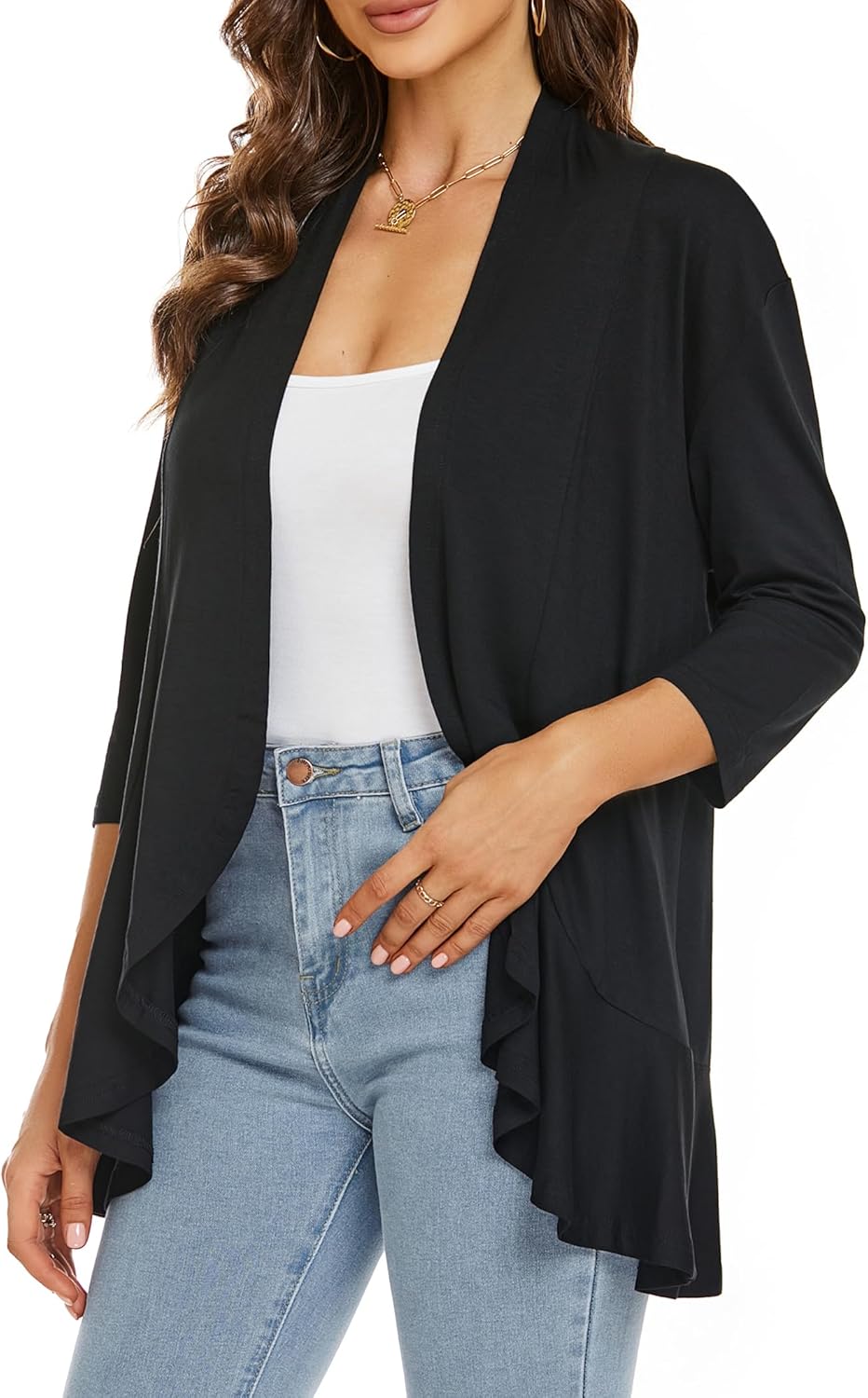 YnimioAOX Women's Cardigan Lightweight Open Front 3/4 Sleeves Draped Ruffles Knit Cardigan Sweaters - Image 2