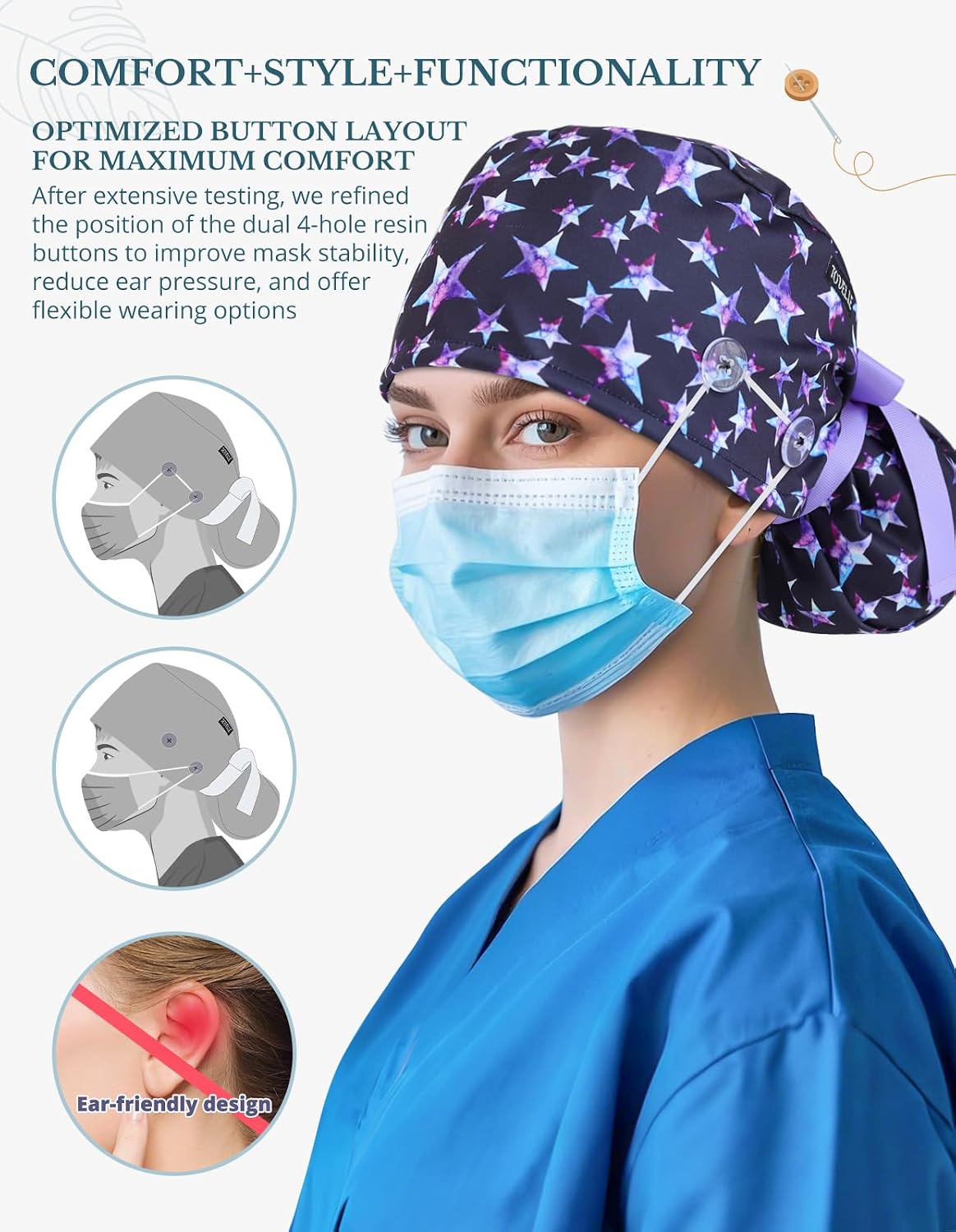 Ponytail Scrub Cap for Women – Galaxy Star Purple Surgical Cap with Buttons, Sweatband & Double-Sided Print, Adjustable Surgical Hat for Women to Secure Long Hair and Helps Reduce Static Buildup