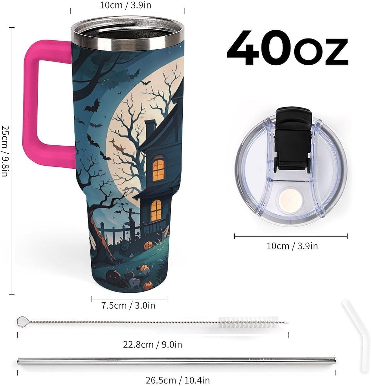 Haunted House Tree Witch Halloween Travel Coffee Mug Reusable Durable Stainless Steel Insulated Tumbler with Handle And Straw Leak Resistant Portable Thermal Cup Gifts for Men Women 40 Oz