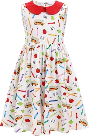 ODASDO Girls Back to School Dress Pencil Printed Causal Sleeveless A-line Swing Twirly Dress Kids First Day of School Clothes